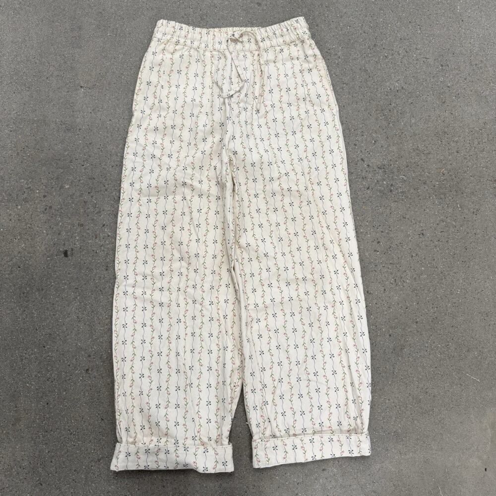 Women's Wide Leg Drawstring Pants in Cream Floral Print